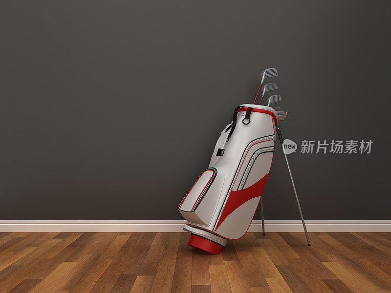 高尔夫球袋和俱乐部在房间- 3D渲染